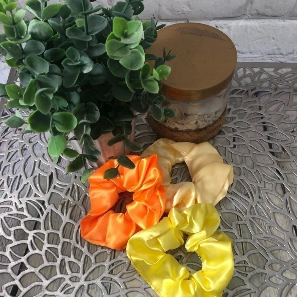 3 New Silk Scrunchies Orange, Yellow Creme colors